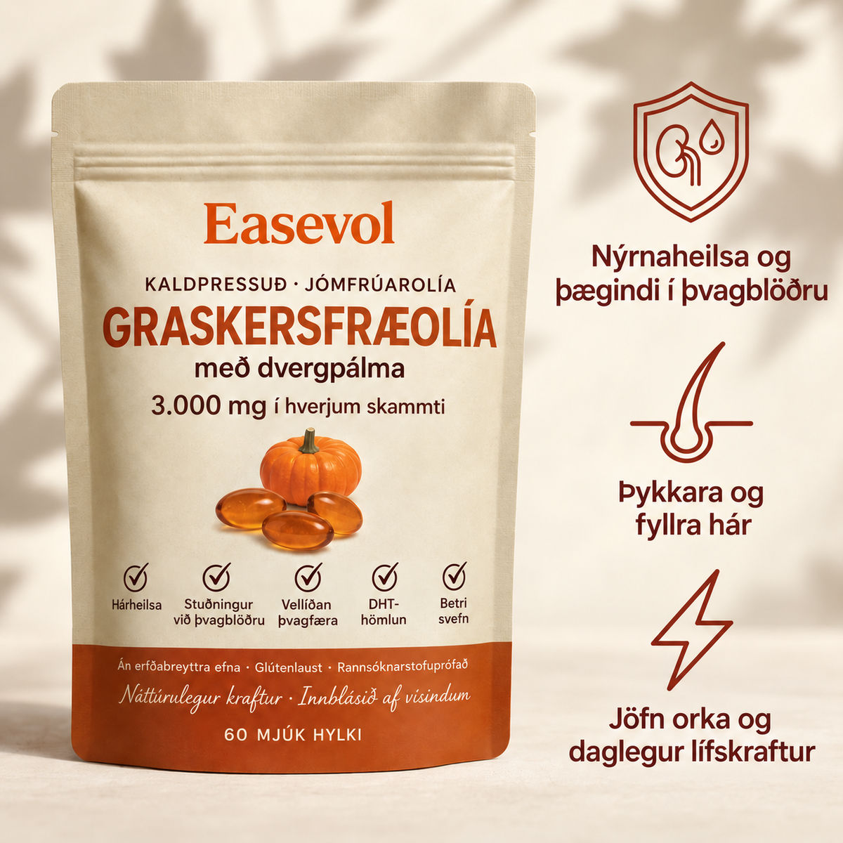 Easevol™ styður við heilbrigði nýrna, vellíðan í þvagfærum og heilbrigt hár — fyrir meira jafnvægi innan frá.